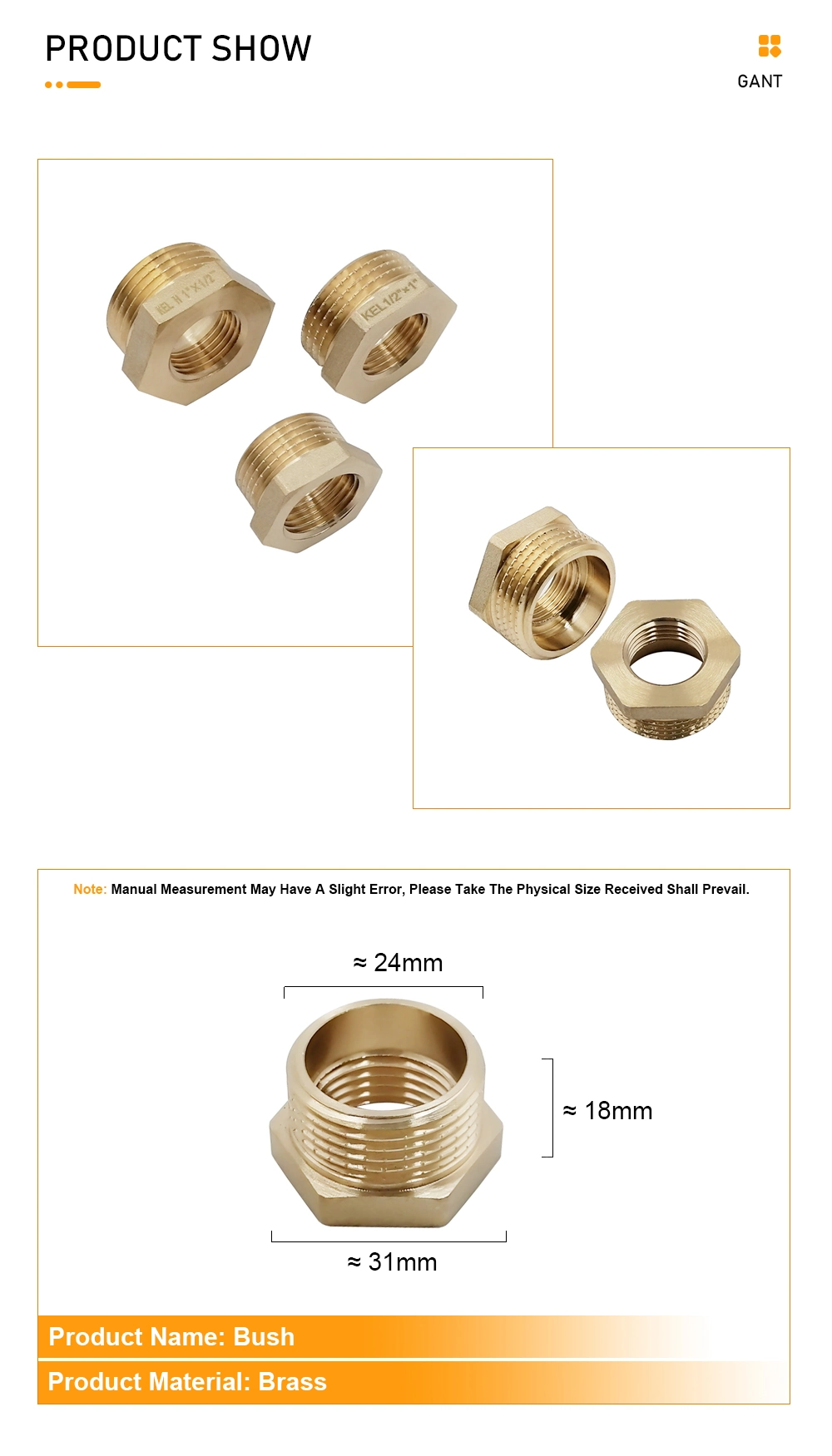 Brass Pipe Fitting, Hex Bushing Reducing Hex Bush Male to Female Thread Bsp Connector Brass Threaded Bushing Brass Fitting