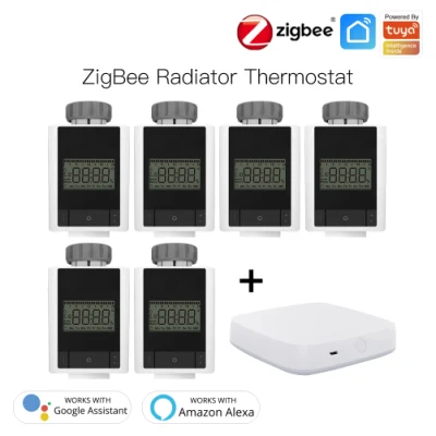 [세트] 6PCS Zigbee Trv 온도 조절기 라디에이터 밸브 헤드 컨트롤러 액추에이터 스마트 온도 조절기 1PC Zigbee 허브 APP 원격 제어 Alexa Acho Google 홈